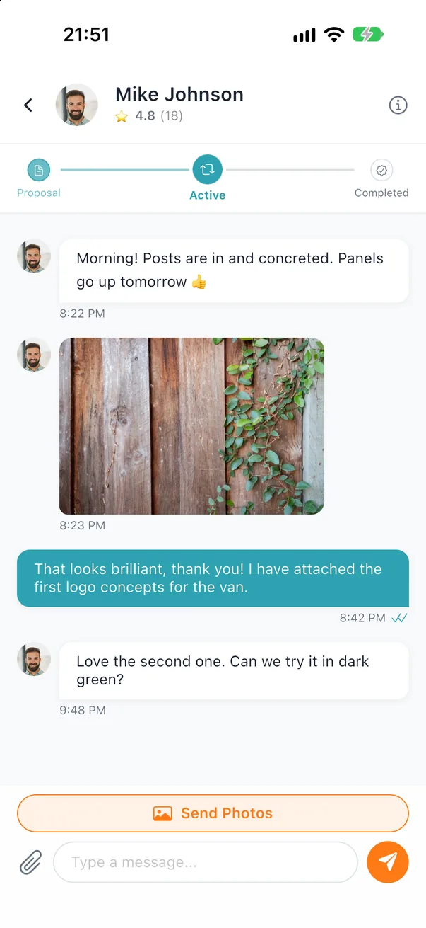 A chat with Mike, including a progress photo of a new fence