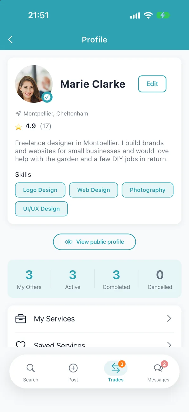 A member profile with skills, rating and verification badge