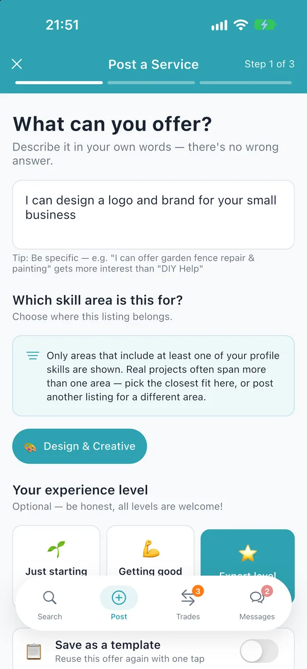 Posting a service: describe what you can offer and pick a skill area